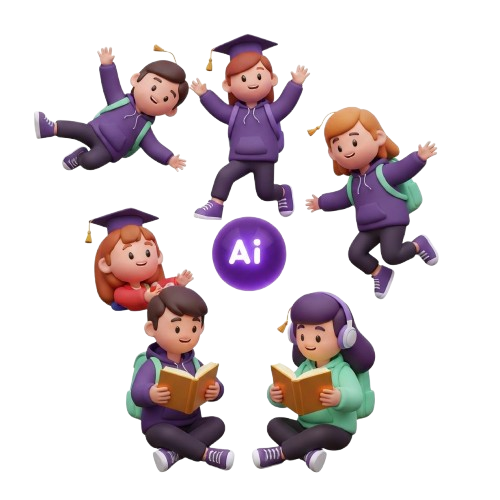 QuillGlow student mascots celebrating learning